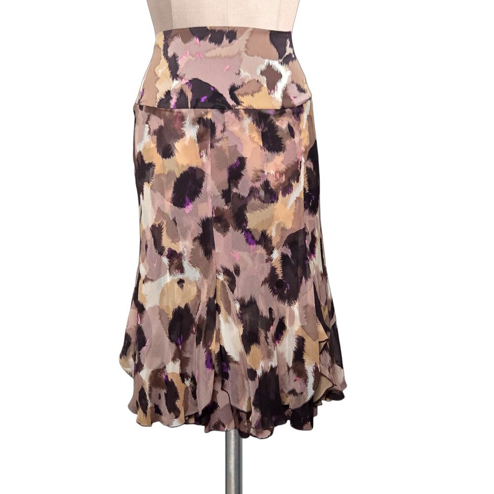 Diane Von Furstenberg Taupe, Black & Purple Abstract Silk A-Line Midi Skirt